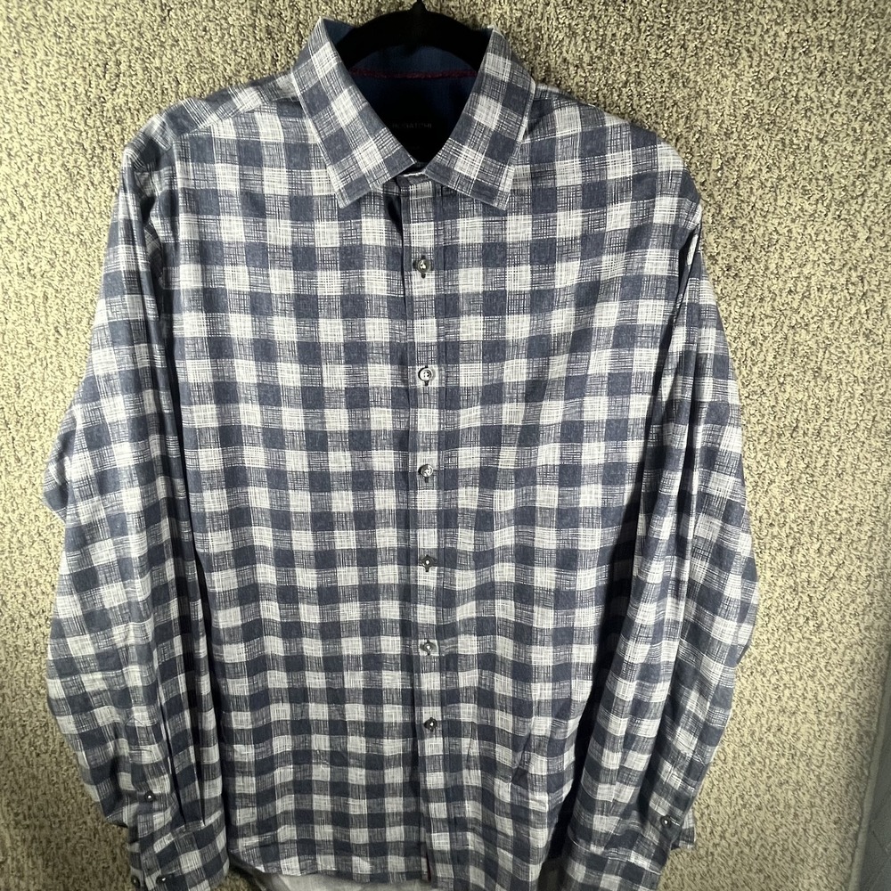 Bugatchi Classic Fit Button Up Long Sleeve Dress Shirt Mens Size L Blue Plaid